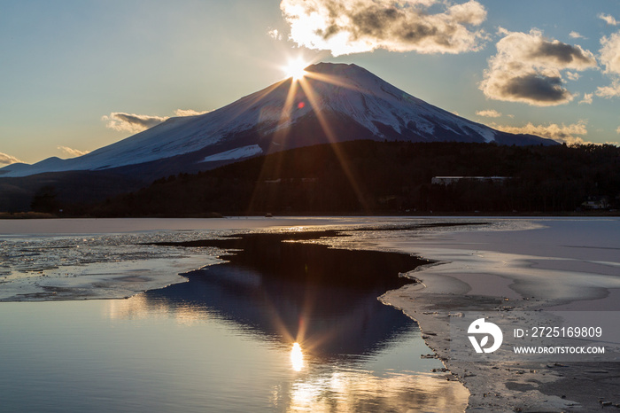 氷結の山中湖から湖面に映る富士山と夕焼け