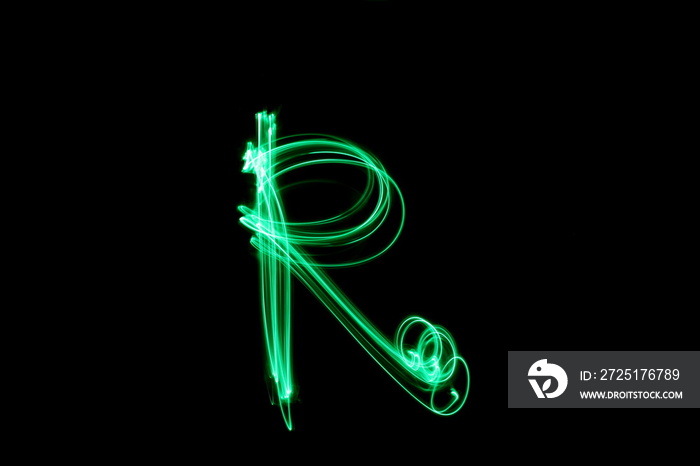 Long exposure photograph, light painting photography.  Letter r of an alphabet series, single letter