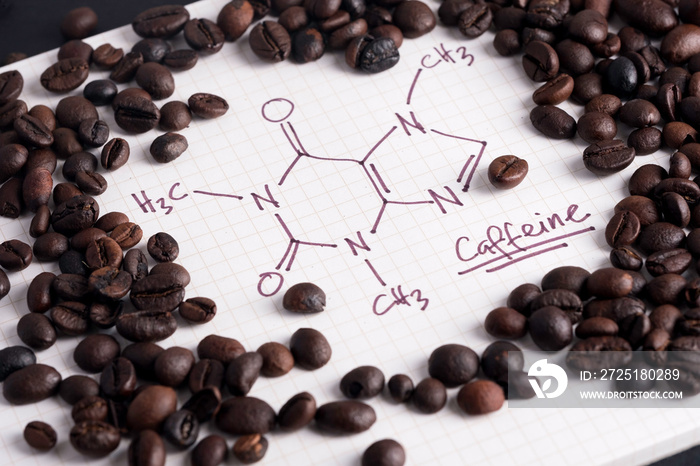 Coffee beans with hand drawn caffeine formula