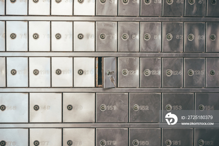 Private bank deposit box - close up of opened mailbox with a small key - post office box or PO BOX c