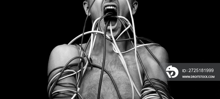 person wrapped wires, wires come out of the mouth and eyes