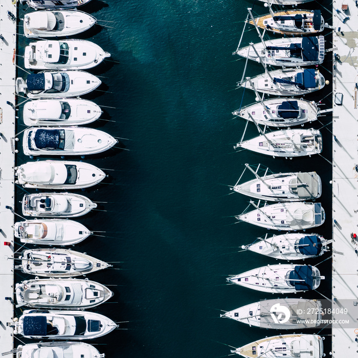 Aerial View of Yacht Club and Marina. White Boats and Yachts. Photo made by drone from above.