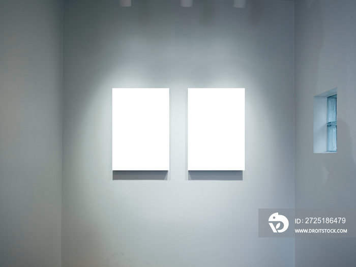 两个垂直矩形绘画框架模型，悬挂在白色背景墙上，带有聚光灯。Blan