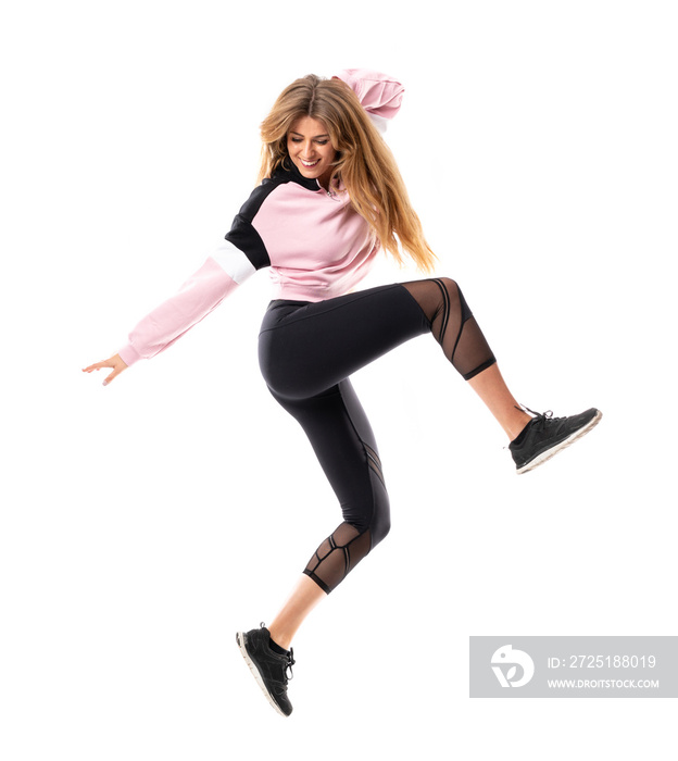 Urban Ballerina dancing over isolated white background and jumping
