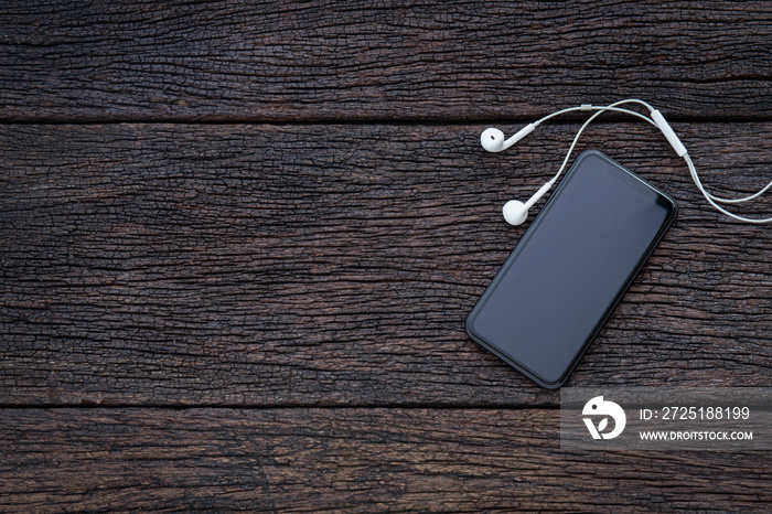 Vintage smartphone mockup flat lay on old wood table top wood background texture space concept works