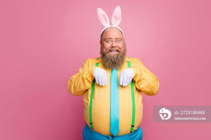 Portrait of his he nice funky cheerful cheery bearded guy wearing bunny ears white gloves pretending