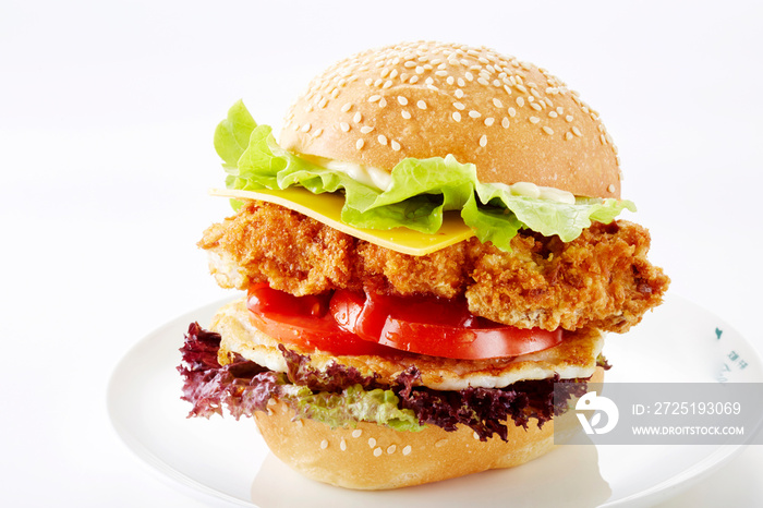 Delicious fried chicken hamburger on a white background