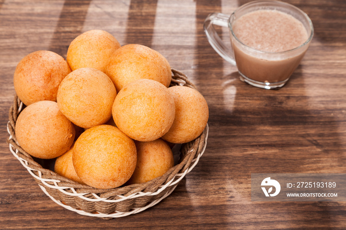 Buñuelo; Traditional Food Colombian - Deep Fried Cheese Bread With Hot Drink