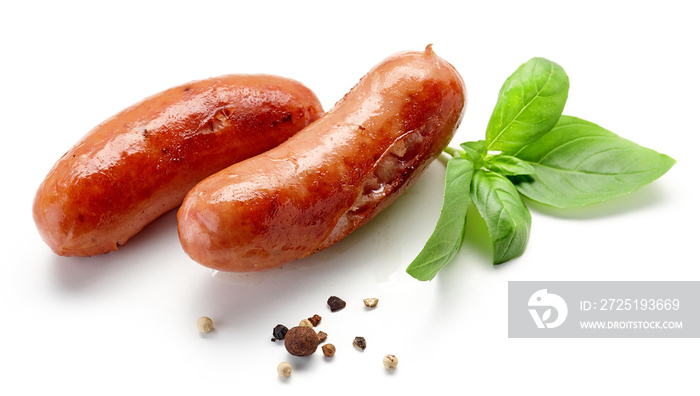 grilled sausages on white background