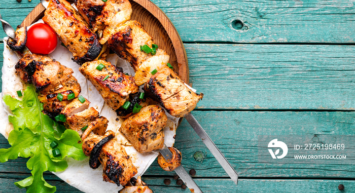 Bbq meat on wooden skewers