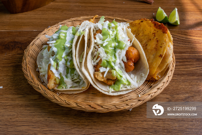 Baja style fish tacos and fried shrimp taco. Mexican food