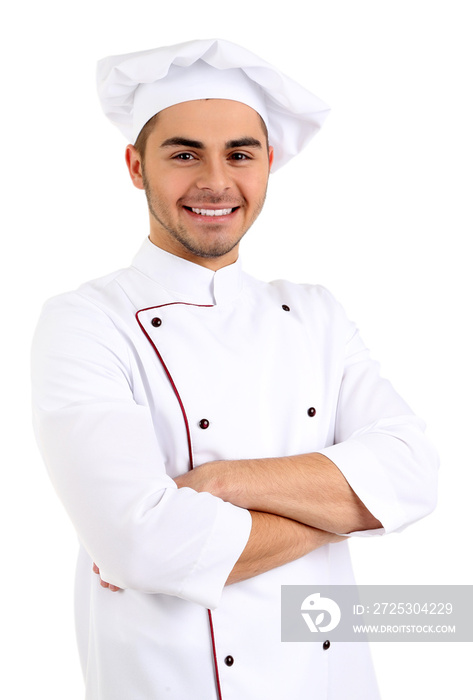 专业的厨师穿着白色的制服和帽子，隔离在白色上