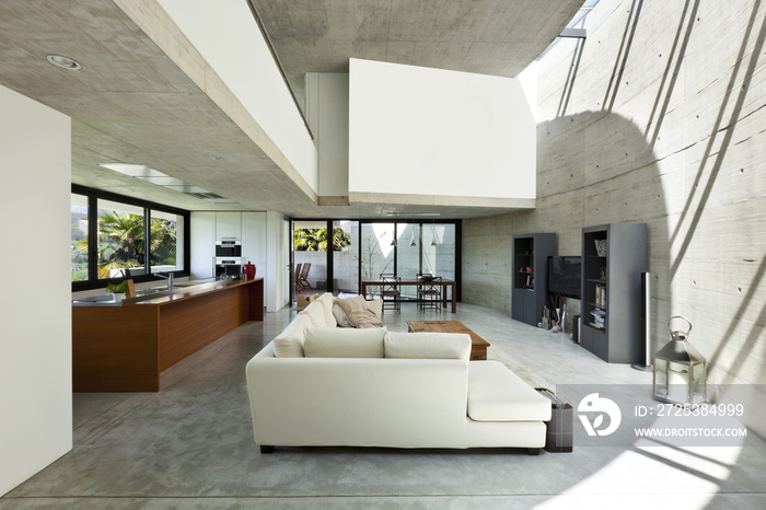 漂亮的现代水泥房子，室内，客厅