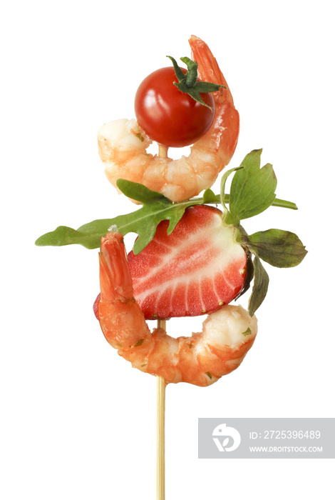 Gamba Spiess mit Ruccola Erdbeere und Tomate