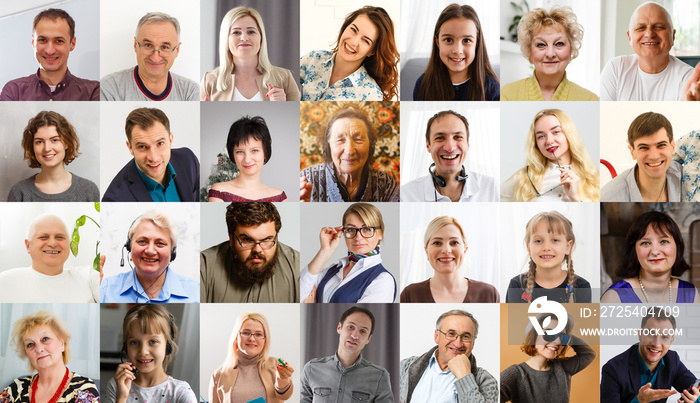 Many happy diverse ethnicity different young and old people group headshots in collage mosaic collec