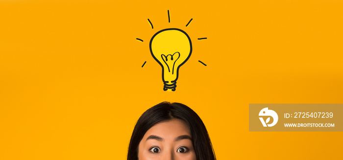 Asian girl head with idea bulb above