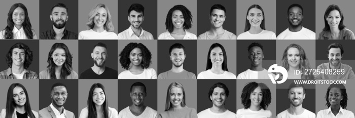 Prosperous multiracial people cheerfully smiling, collection of monochrome photos