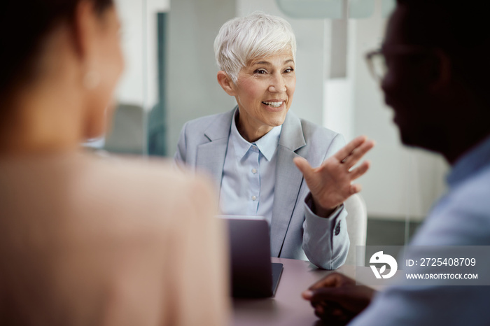 Happy mature insurance agent on meeting with her clients in office.