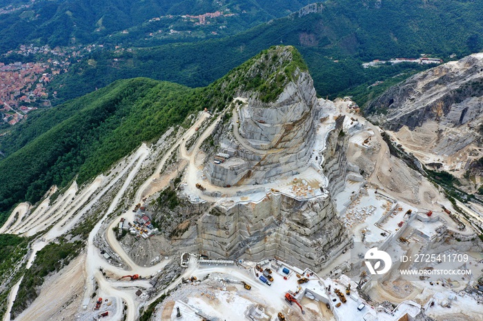 Aerial view of mountain of stone and marble quarries in the regional natural park of the Apuan Alps 