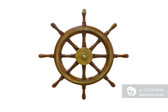 vintage wooden marine steering wheel isolated on white background