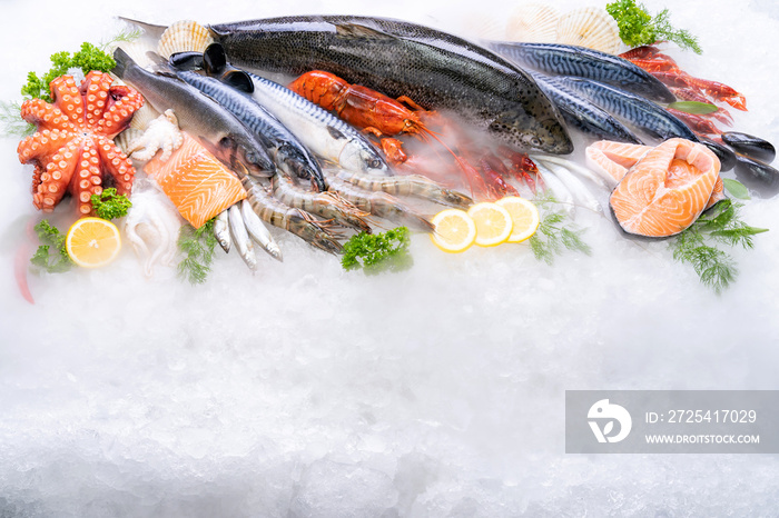 Top view fresh seafood on ice background with copyspae