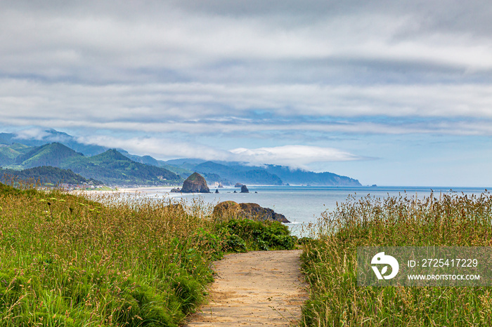 Looking along the Oregon coast towards Cannon Beach and Haystack Rock