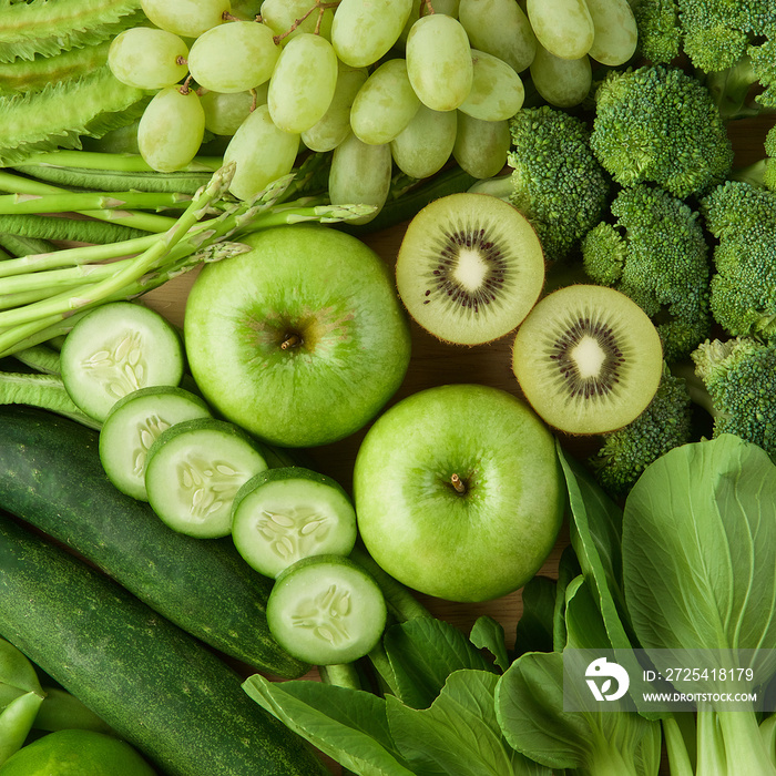 健康饮食背景。各种绿色水果和蔬菜
