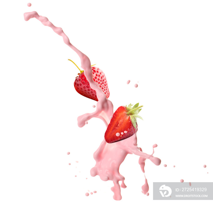 Splash of strawberry milk with berries on white background