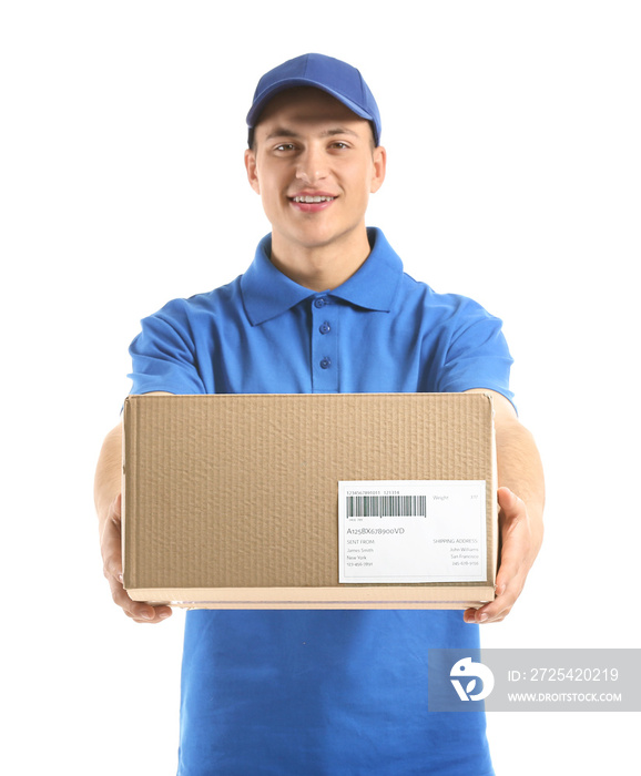 Delivery man with box on white background