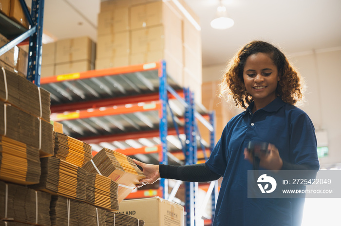 Portrait of African American worker in warehouse, International export business concept, occupation 