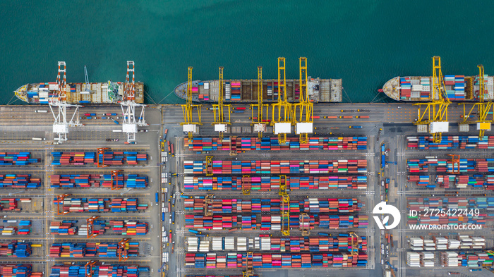 Aerial view cargo ship terminal, Unloading crane of cargo ship terminal, Aerial view industrial port