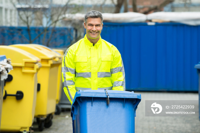 Male Worker Walking With Dustbin On Street