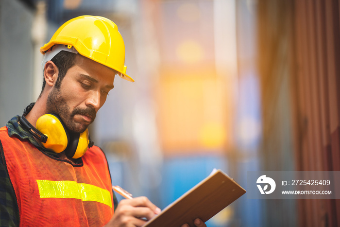 port employee checks containers in the container terminal, concept of logistic transporation interna