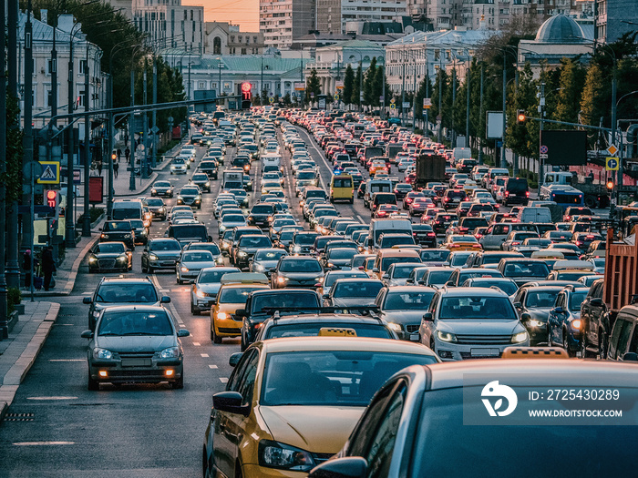 Moscow traffic jam. Cars stands in traffic jam on the city center on the evrning