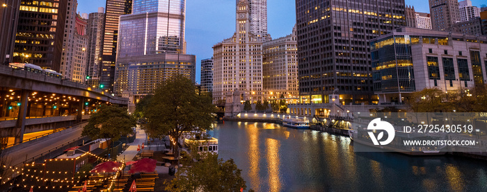 Early morning view of the main stem of the Chicago River with skyscrapers in the background, Downtow