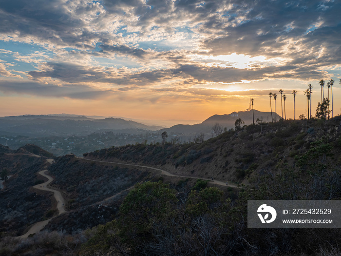 Beautiful view of the hills of Hollywood in the summer at sunset