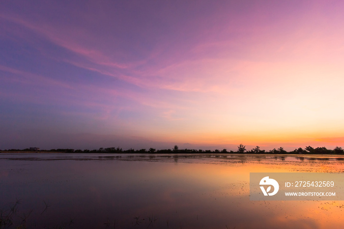 sunset sky in the evening on the lake and sunlight reflection in water