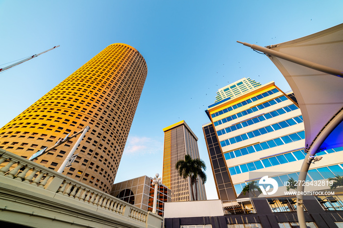 Skyscrapers under a clear sky in Tampa riverwalk