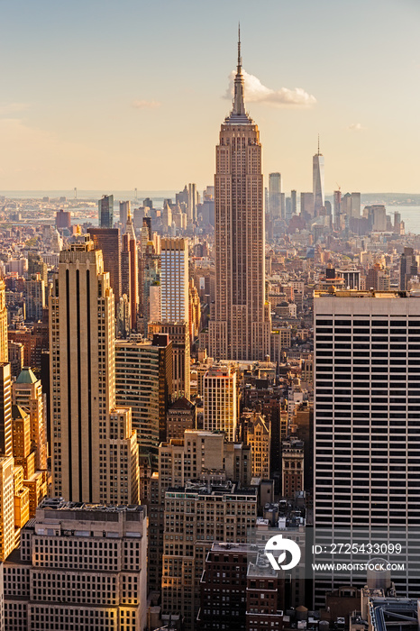 日落时分，曼哈顿中城天际线，摩天大楼闪闪发光。美国纽约市