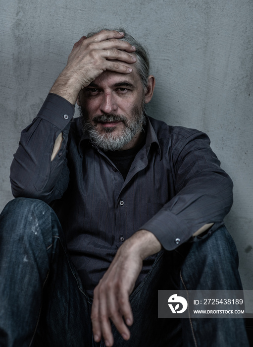 Portrait of a homeless man with a gray hair on dark background. Empty space for text