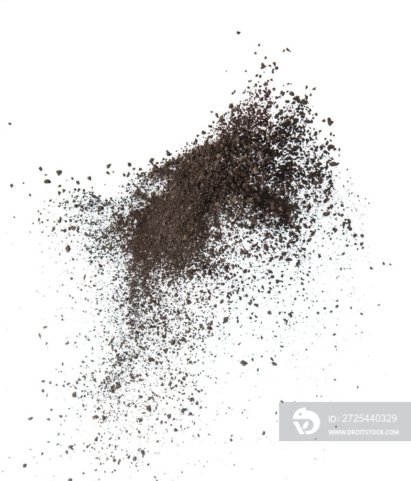 Dry soil splash or explosion flying in the air on white background,Stop motion