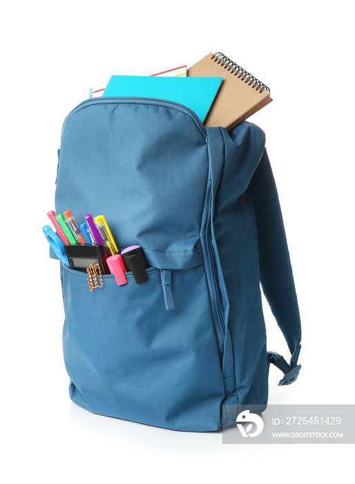 School backpack with stationery on white background