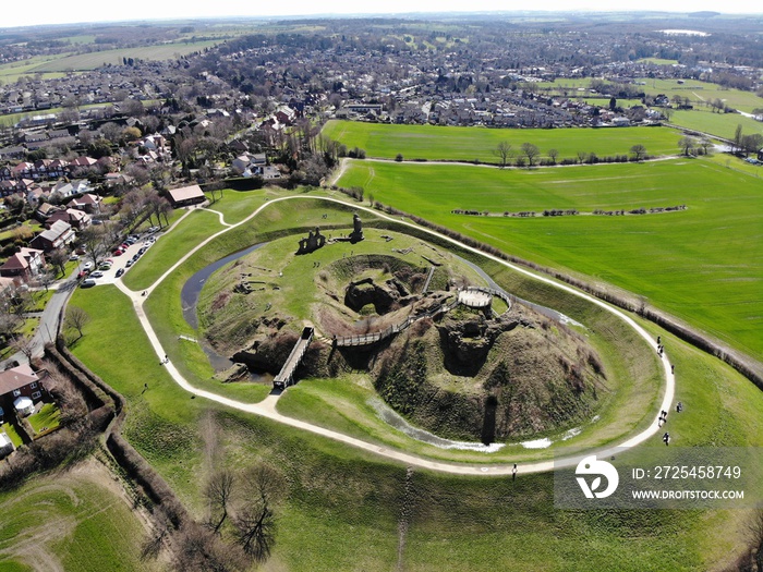 Aerial photo of Sandal Castle the ruined medieval castle in Sandal Magna, a suburb of the city of Wa