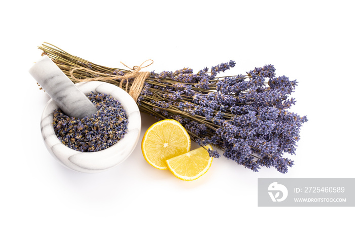 lavender spa products with dried lavender flowers on a isolated background.