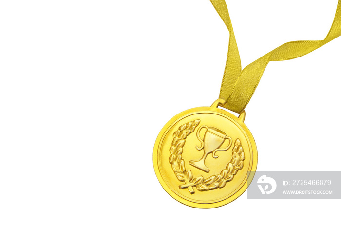 Golden medal with gold ribbon isolated on white with room for text