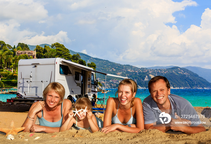 Family camping travel with camper, RV summer beach holidays. Happy smiling family on mototorhome vac