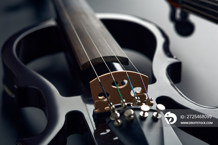 Modern electric violin and bow, closeup view