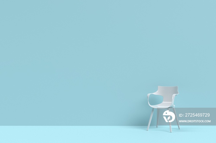 薄荷蓝色客厅的白色现代扶手椅，提供免费的复制空间。简约风格的概念。