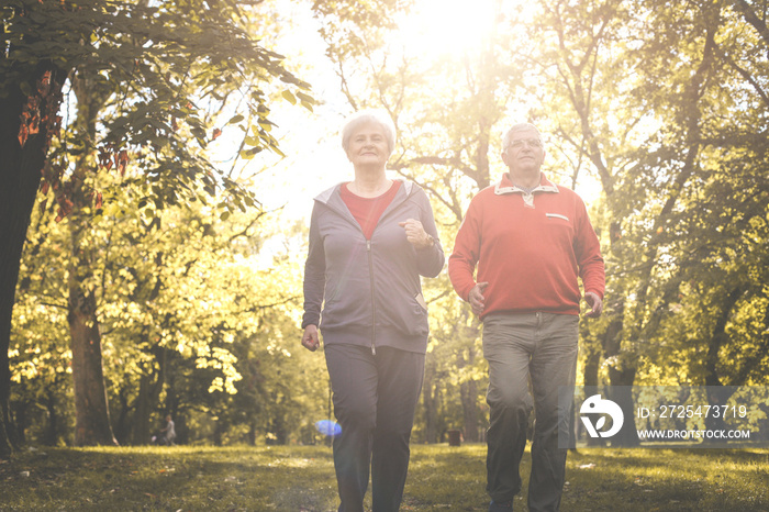 穿着运动服的老年夫妇一起在公园慢跑。