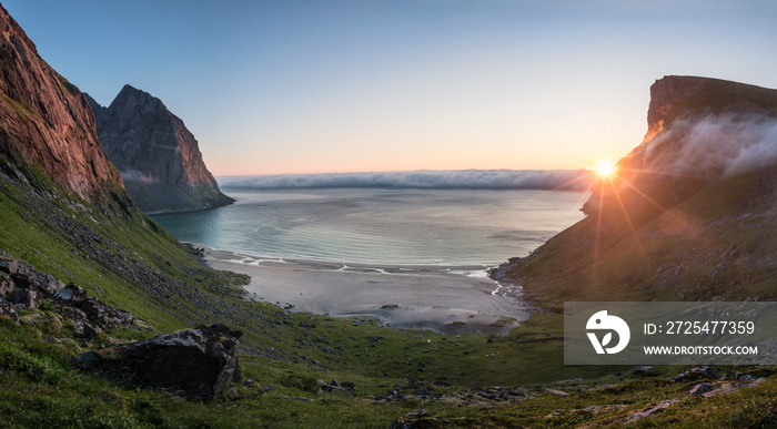 Scenic view from Kvalvika beach, Lofoten, Norway at summer night